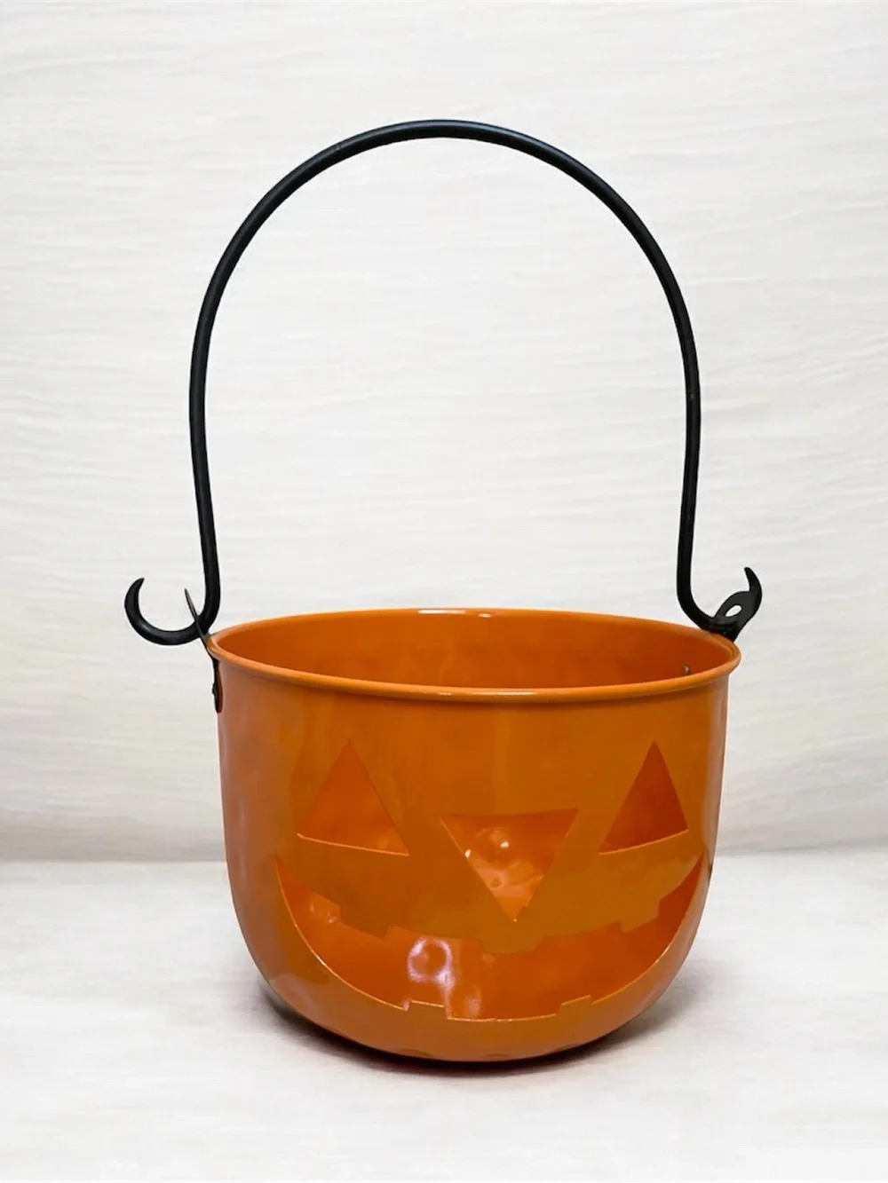 Orange Metal Jack-O'-Lantern Bucket with Black Handle